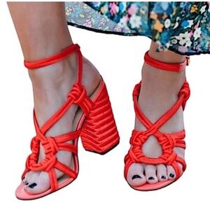 Cabi Tiptoe Sandals Red Hibiscus Open Toe Rope 4" Block Heel Ankle Strap